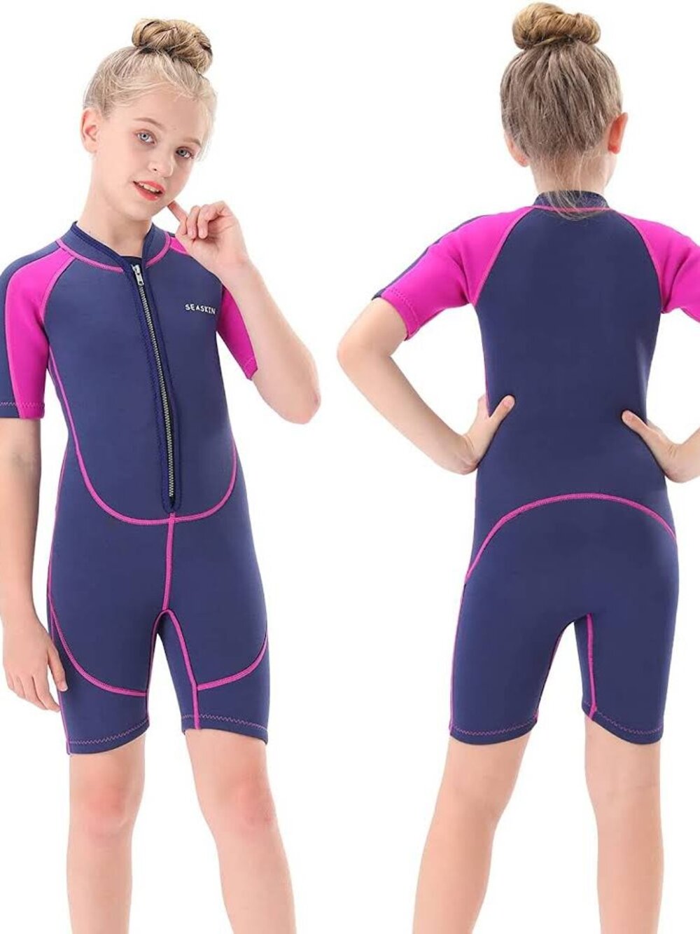 Seaskin Blue Pink Colorblock Shorty Sleeve Springsuit Wetsuit Girls Kids Size 2